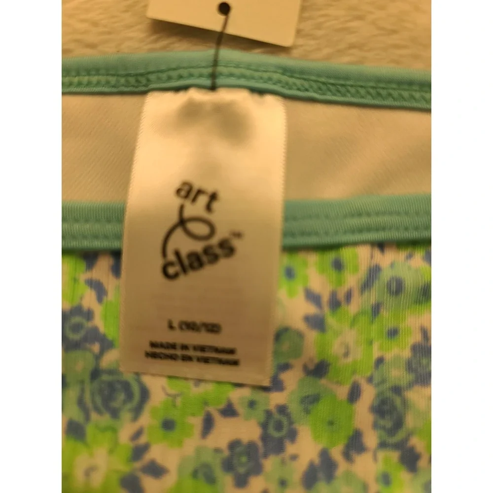 Art Class Girls Floral Swim Shorts Blue Green Ribbed Swimsuit Bottoms L 10/12